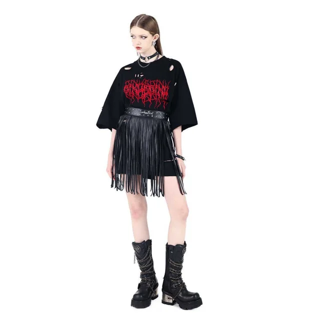 Thorn Letter Print Irregular Short Sleeved Shirt Black - Shop at LoveMi