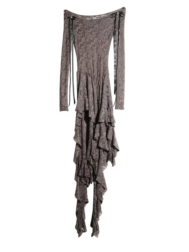Dark Wandering Fairy Irregular Ruffled Waste Soil Elastic Lace Mesh Bottoming Shirt Gray Top - Shop at LoveMi