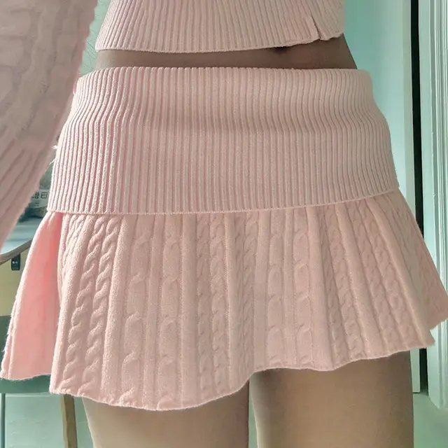 Spring And Autumn Sweater Casual Suit Zipper Hooded Sweatshirt Top Twist Waist Folding Woolen Skirt Pink Skirt - Shop at LoveMi