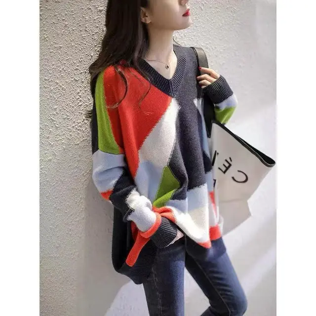 Women's V neck Rainbow Color Idle Style Knitted Sweater Picture Color - Shop at LoveMi