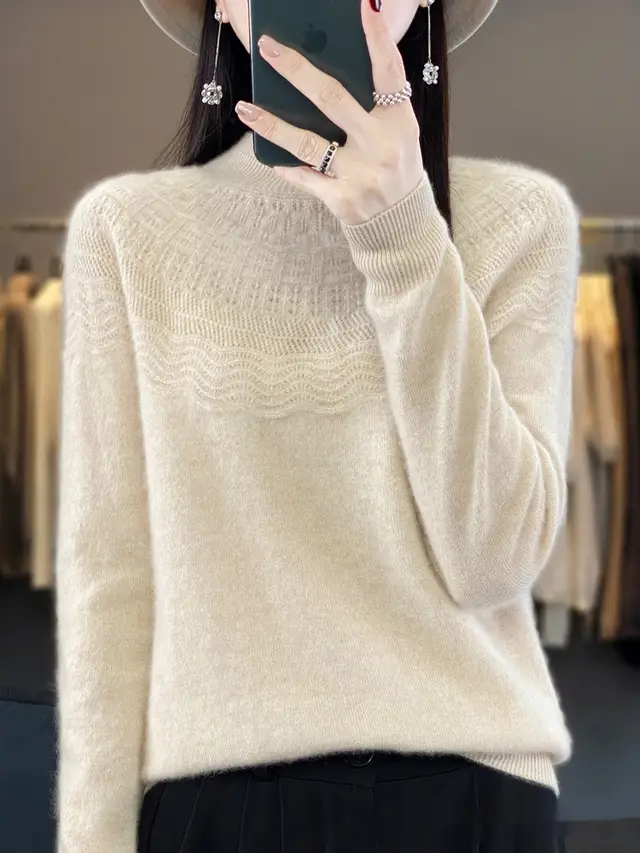 Half Turtleneck Slimming Wool Knitted Bottoming Shirt Raw Velvet Rice - Shop at LoveMi