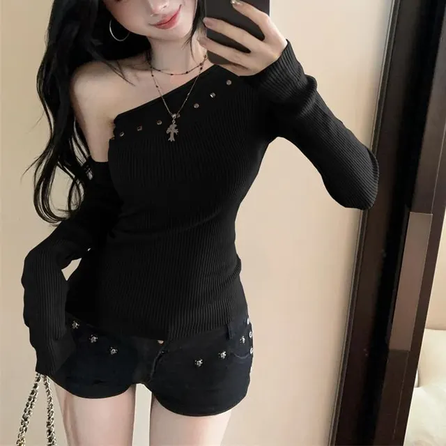 Women's Rhinestone Long sleeved Sweater Top Black - Shop at LoveMi