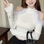 Women's Half-turtleneck Stitching Hollow Out Shoulder-baring Knitwear Top - White