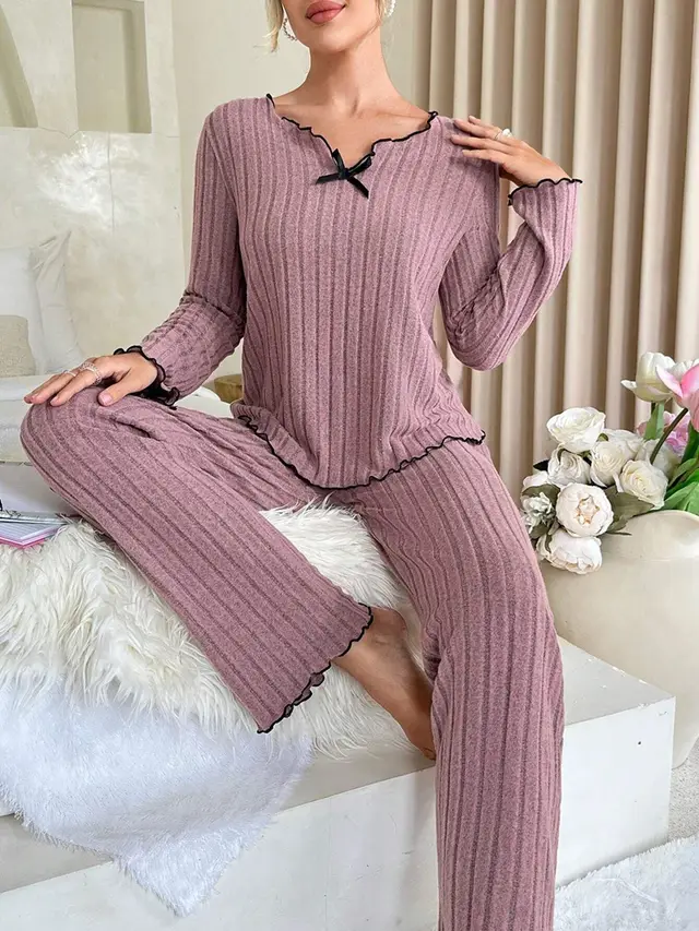 Black Edge Twisted Edge Leisure Pajamas Suit Light Purple - Shop at LoveMi