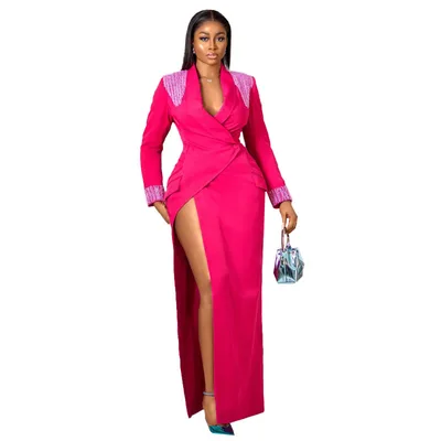 Rose Red Suit Collar Deep V Split High Waist Dress Red - Shop at LoveMi