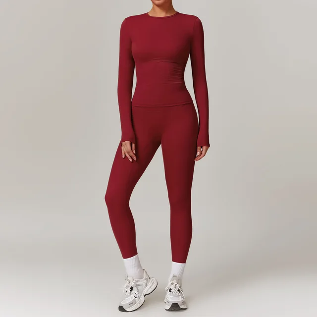 Tight fitting Brushed Yoga Suit Quick drying Fitness Clothes Fitness Long Sleeve Tracksuits Sports Suit Gym Top High Waist Leggings Women Sets Yoga Set Cherry Red - Shop at LoveMi