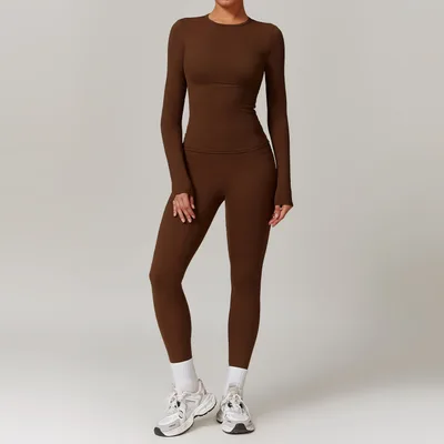 Tight fitting Brushed Yoga Suit Quick drying Fitness Clothes Fitness Long Sleeve Tracksuits Sports Suit Gym Top High Waist Leggings Women Sets Yoga Set Chocolate Brown - Shop at LoveMi