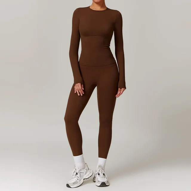Tight fitting Brushed Yoga Suit Quick drying Fitness Clothes Fitness Long Sleeve Tracksuits Sports Suit Gym Top High Waist Leggings Women Sets Yoga Set Chocolate Brown - Shop at LoveMi