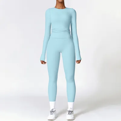 Tight fitting Brushed Yoga Suit Quick drying Fitness Clothes Fitness Long Sleeve Tracksuits Sports Suit Gym Top High Waist Leggings Women Sets Yoga Set Sky Blue - Shop at LoveMi