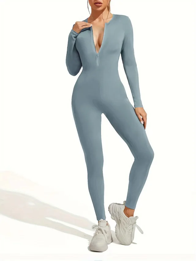 Women's Solid Color Zipper Slim Fit Yoga Bodysuit High Elastic Running Sport Long Sleeve One piece Sportswear Sea Blue - Shop at LoveMi