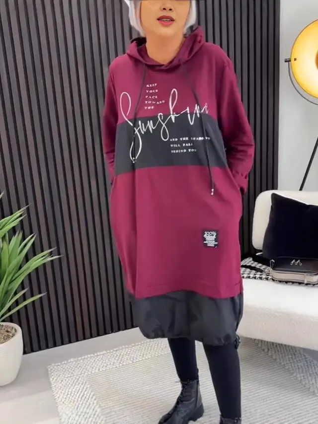 New Letter Splicing Long Sleeve Hooded Sweater Dress Dark Red - Shop at LoveMi