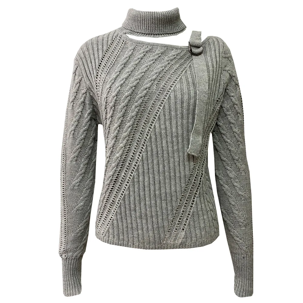 Halter Off the shoulder Metal Decorative Irregular Long Sleeve Sweater Gray - Shop at LoveMi