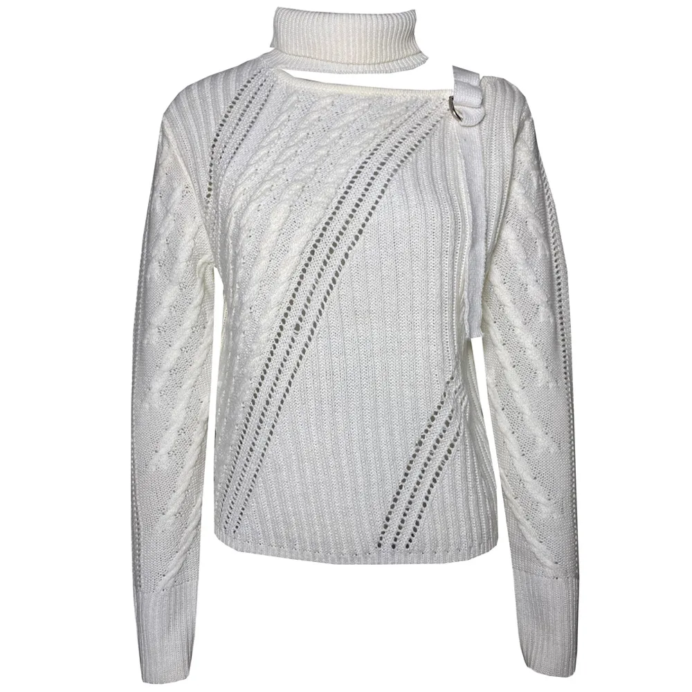 Halter Off the shoulder Metal Decorative Irregular Long Sleeve Sweater White - Shop at LoveMi