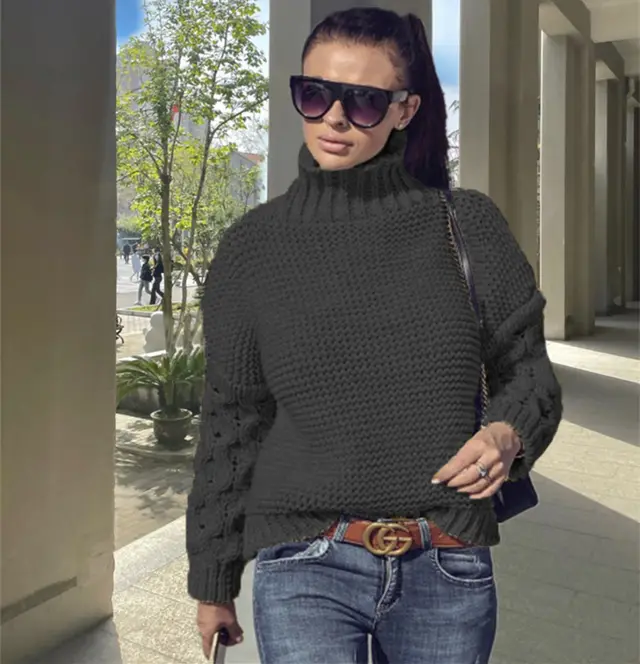 Loose Cable knit Solid Color Turtleneck Sweater For Women Black And Gray - Shop at LoveMi