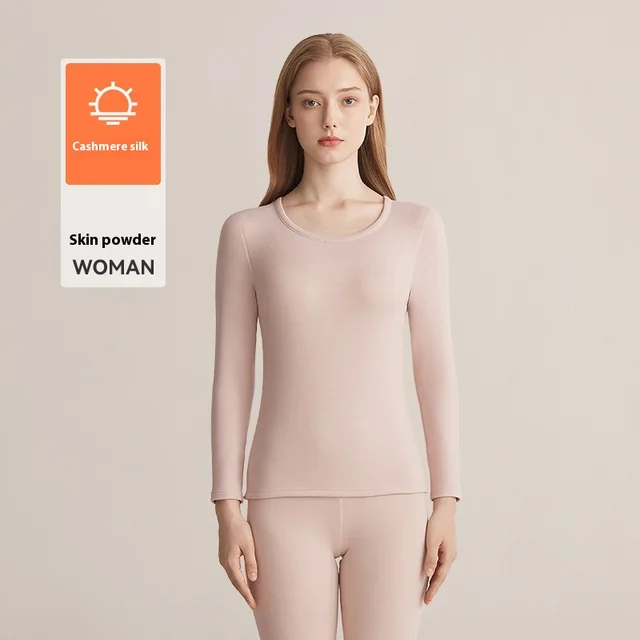 Autumn And Winter Fleece lined Women's Base Shirt Cashmere Silk Long Underwear Suit Pink - Shop at LoveMi