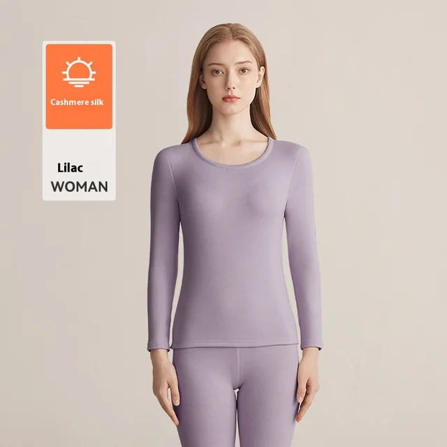 Autumn And Winter Fleece lined Women's Base Shirt Cashmere Silk Long Underwear Suit Purple - Shop at LoveMi