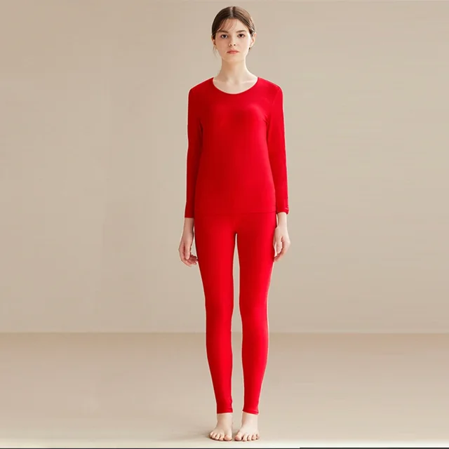 Autumn And Winter Fleece lined Women's Base Shirt Cashmere Silk Long Underwear Suit Red - Shop at LoveMi