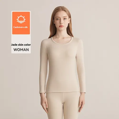 Autumn And Winter Fleece lined Women's Base Shirt Cashmere Silk Long Underwear Suit Skin Color L - Shop at LoveMi