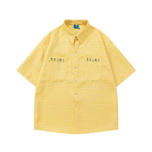 Plaid Embroidered Short sleeved Loose All match Couple Shirt Yellow - Shop at LoveMi