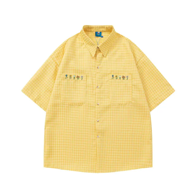 Plaid Embroidered Short sleeved Loose All match Couple Shirt Yellow - Shop at LoveMi