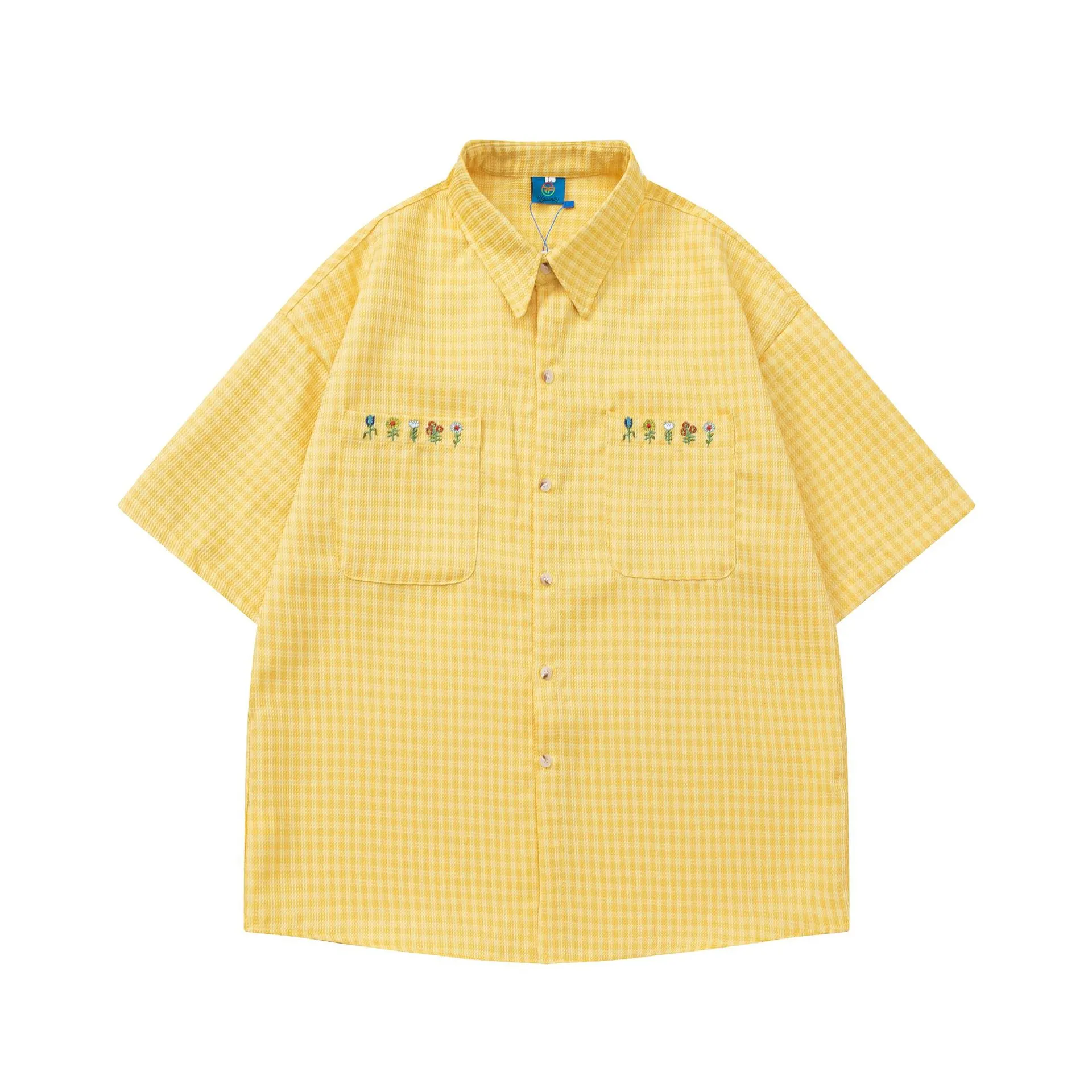 Plaid Embroidered Short-sleeved Loose All-match Couple Shirt - Yellow
