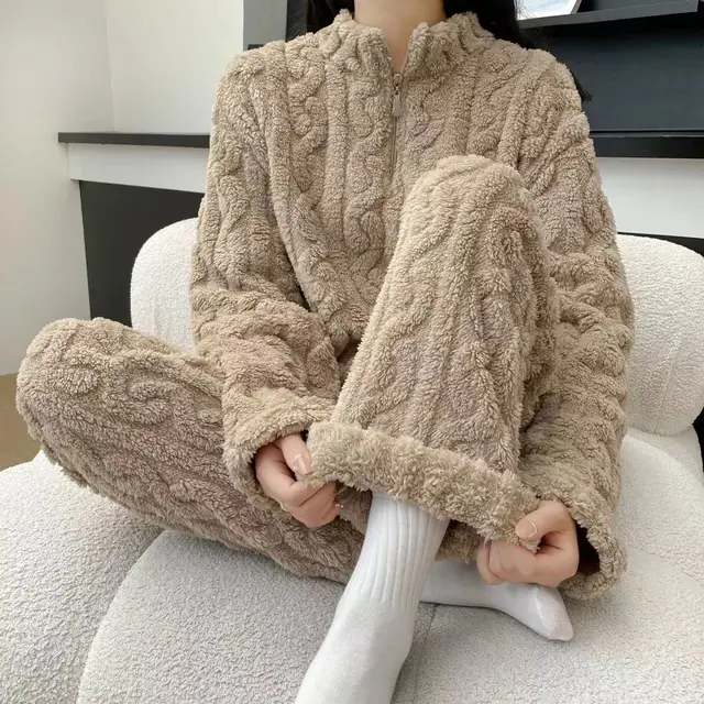 Autumn And Winter New Twist Zipper Couple Fleece lined Thick Coral Fleece Pajamas Homewear Loungewear Sleepwear For Sleeping Khaki - Shop at LoveMi