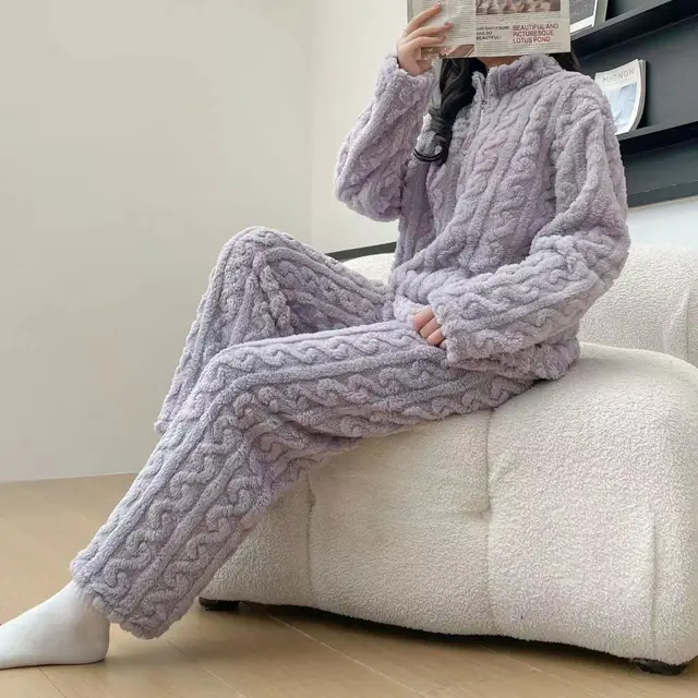 Autumn And Winter New Twist Zipper Couple Fleece lined Thick Coral Fleece Pajamas Homewear Loungewear Sleepwear For Sleeping Purple - Shop at LoveMi