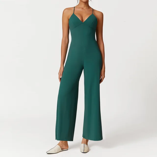 Suspender Lace up Solid Color Backless V neck Casual One piece Trousers Deep Emerald - Shop at LoveMi