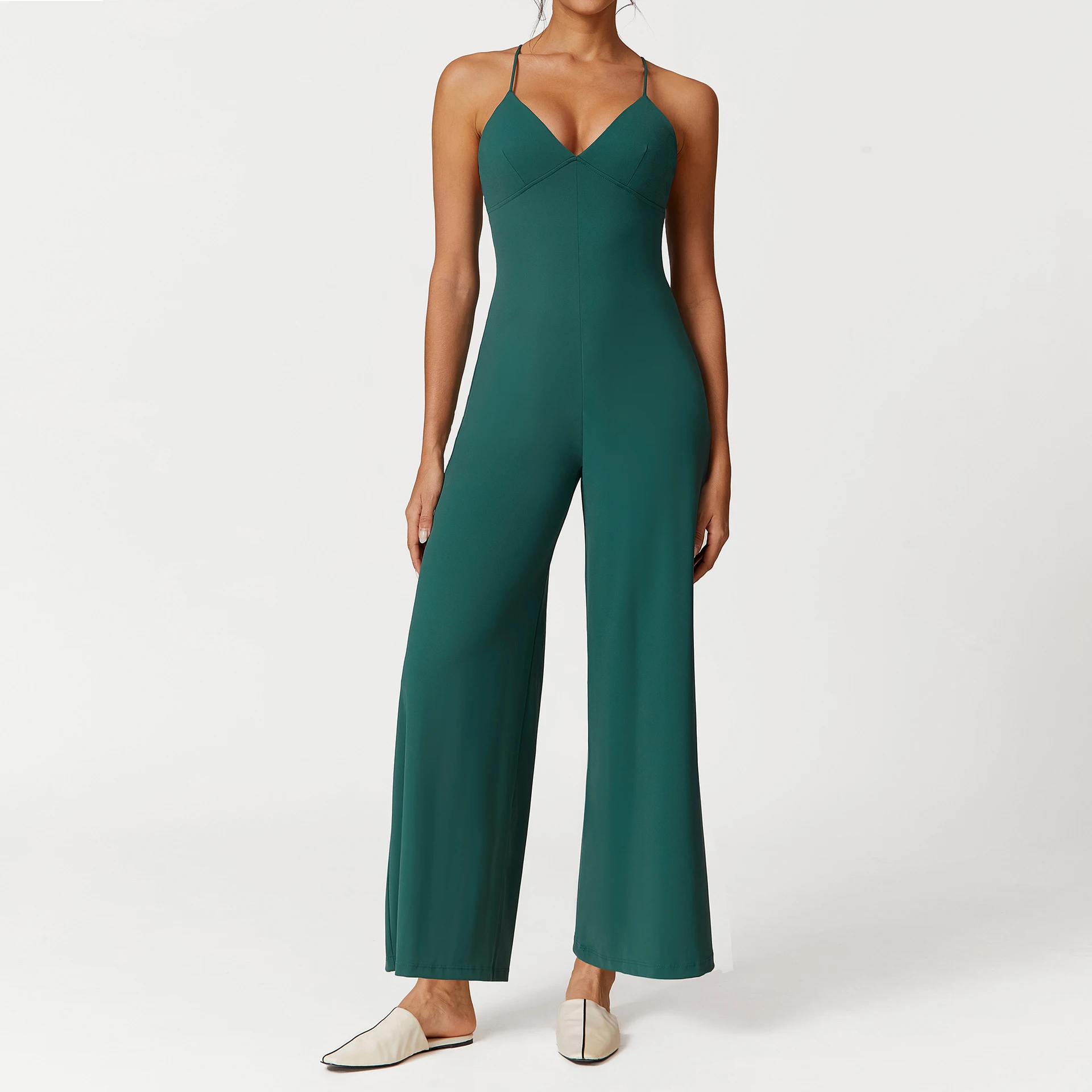 Suspender Lace-up Solid Color Backless V-neck Casual One-piece Trousers - Deep Emerald