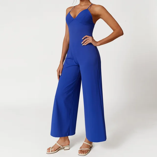 Suspender Lace up Solid Color Backless V neck Casual One piece Trousers Lapis Lazuli Blue - Shop at LoveMi
