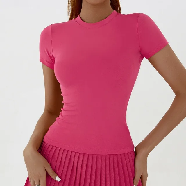 Quick drying Inner Outdoor Sports Fitness Shoulder T shirt Slim Top For Women Summer Rose Red - Shop at LoveMi