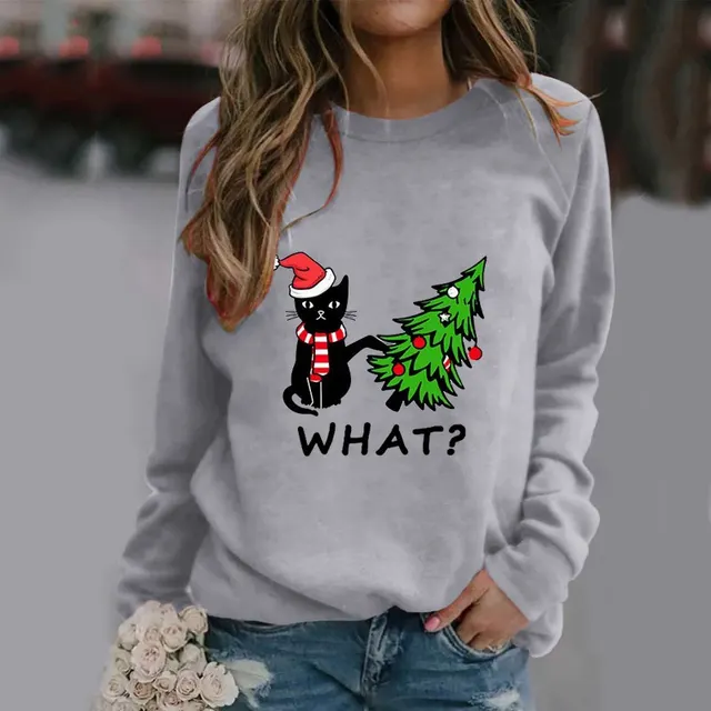 Christmas Womens T Shirt Ugly Cat Long sleeved Grey - Shop at LoveMi