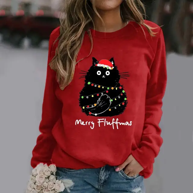 Christmas Womens T Shirt Ugly Cat Long sleeved Red - Shop at LoveMi