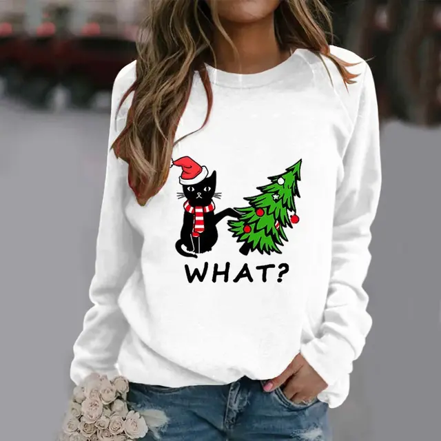 Christmas Womens T Shirt Ugly Cat Long sleeved White - Shop at LoveMi
