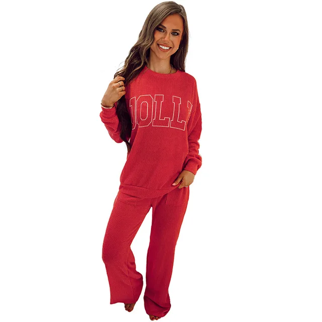 Letter Print Casual Suit Women's Long Sleeve Top And Trousers Two piece Set Red - Shop at LoveMi