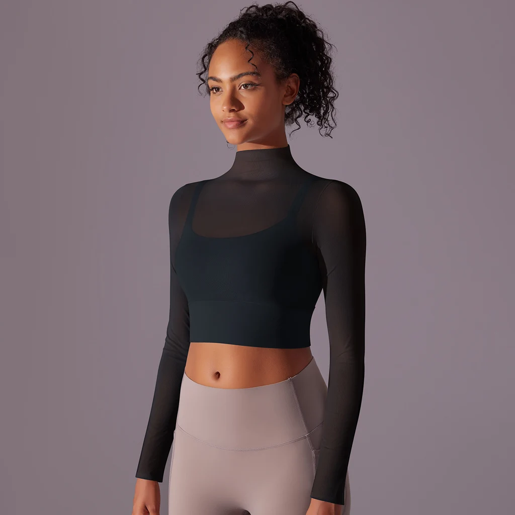 Mesh Yoga Clothes Long Sleeve Quick-drying Workout Clothes Top For Women - Black