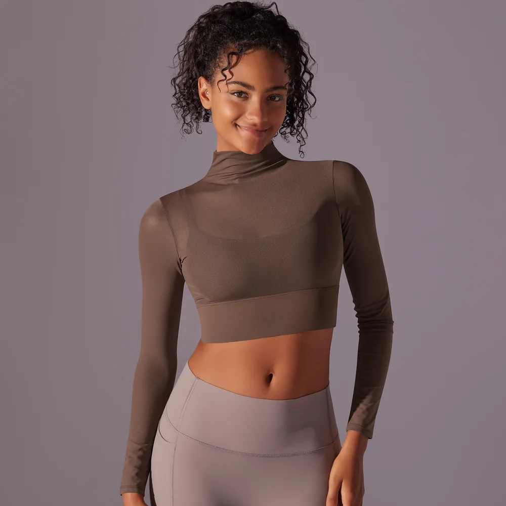 Mesh Yoga Clothes Long Sleeve Quick drying Workout Clothes Top For Women Chestnut M - Shop at LoveMi
