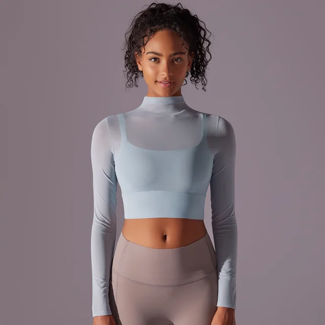 Mesh Yoga Clothes Long Sleeve Quick drying Workout Clothes Top For Women Denim Blue - Shop at LoveMi
