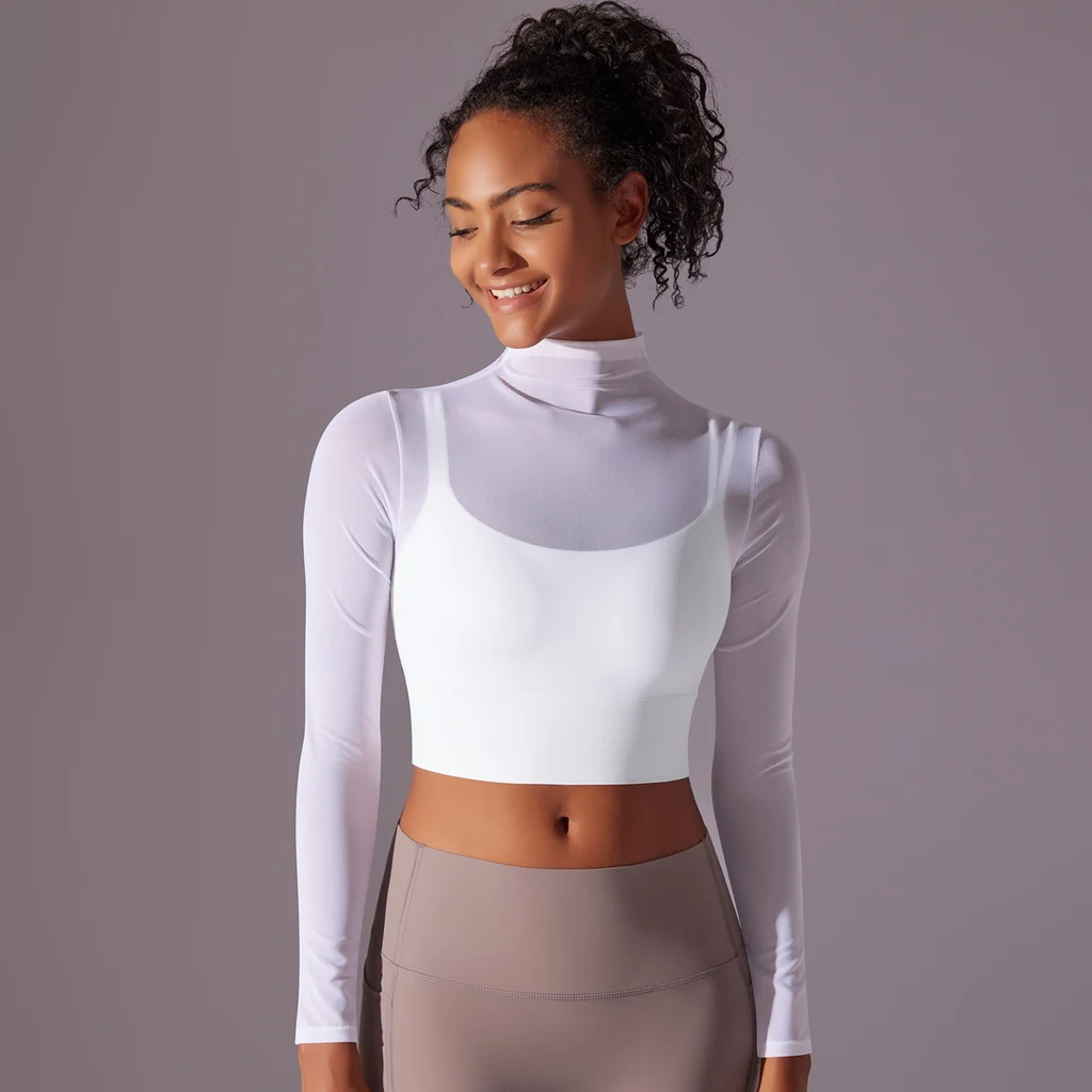 Mesh Yoga Clothes Long Sleeve Quick-drying Workout Clothes Top For Women - White
