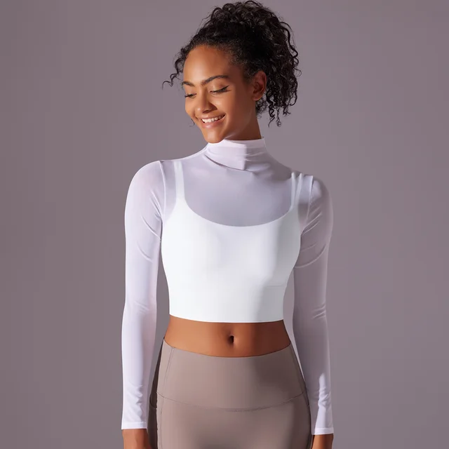 Mesh Yoga Clothes Long Sleeve Quick drying Workout Clothes Top For Women White - Shop at LoveMi