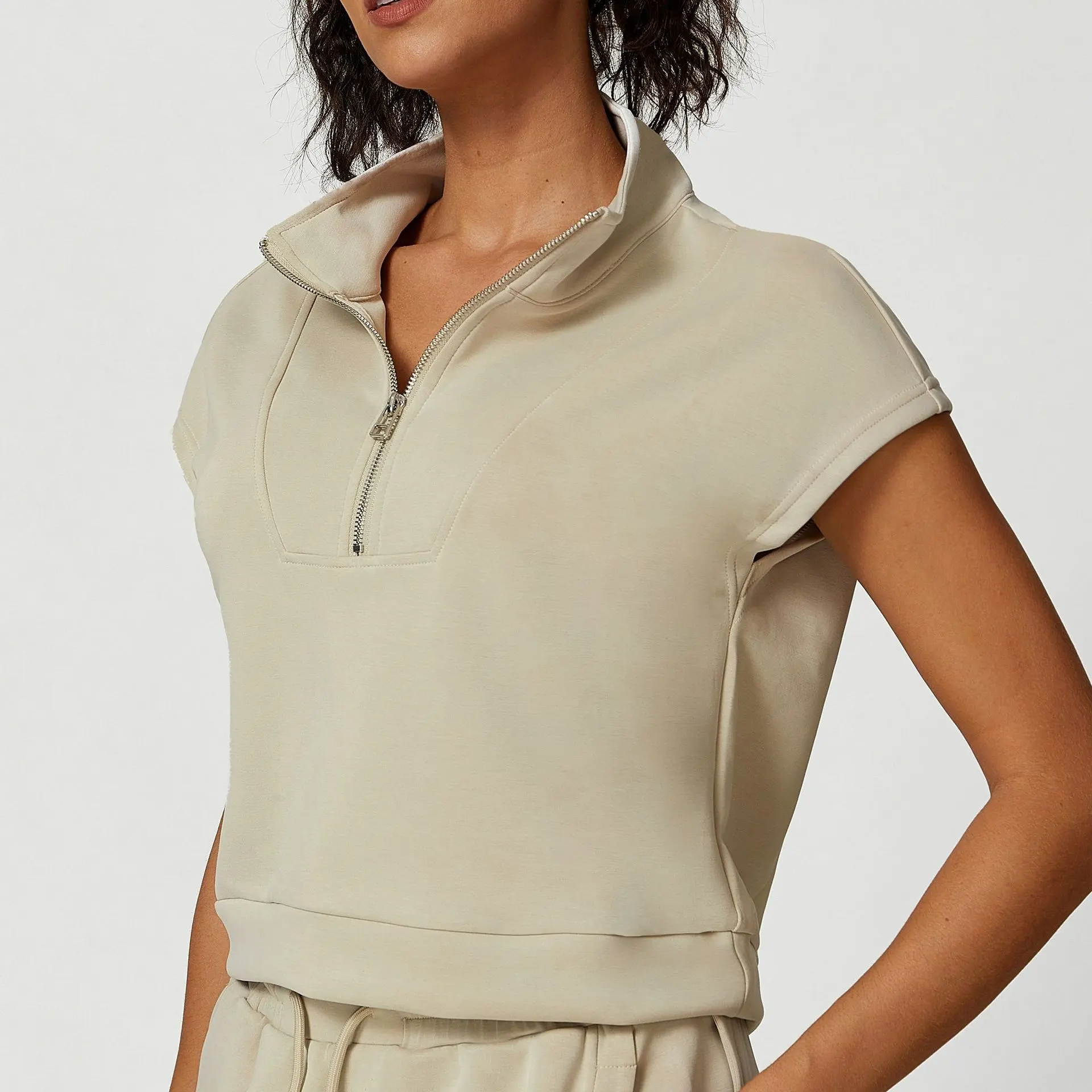Modal Sports Half Zipper Collar Sleeveless Top - Oat Milk Short Sleeve