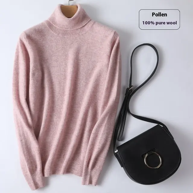 Pure Wool Sweater Women's Turtleneck Pullover Solid Color Loose Short Pollen Clip - Shop at LoveMi