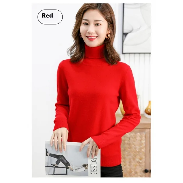 Pure Wool Sweater Women's Turtleneck Pullover Solid Color Loose Short Red - Shop at LoveMi