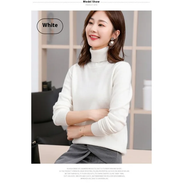 Pure Wool Sweater Women's Turtleneck Pullover Solid Color Loose Short White - Shop at LoveMi