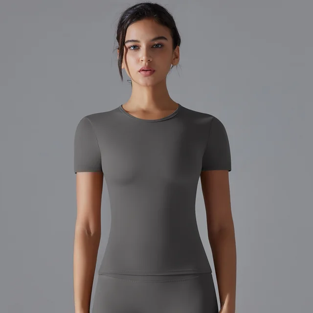 Women's Solid Color Breathable Brushed Yoga Short Sleeve Dark Gray - Shop at LoveMi