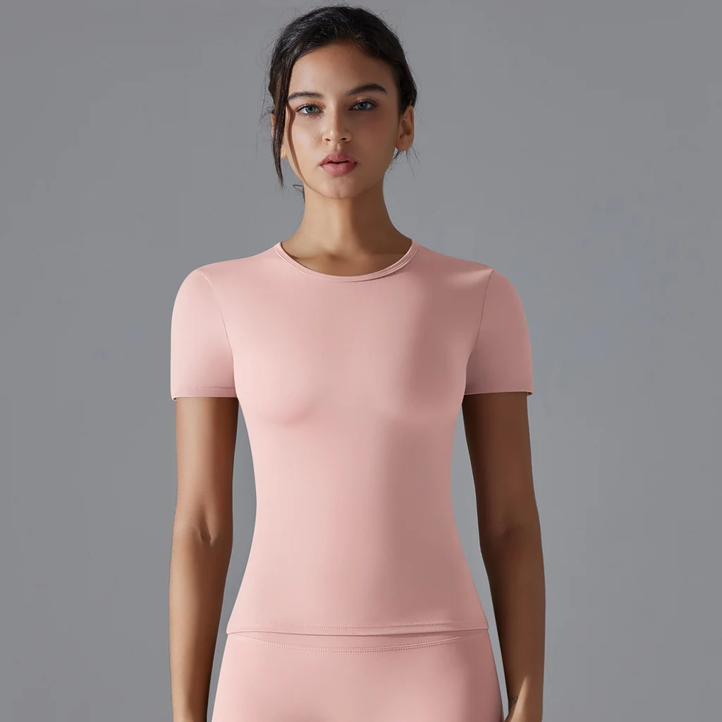 Women's Solid Color Breathable Brushed Yoga Short Sleeve - Light Pink