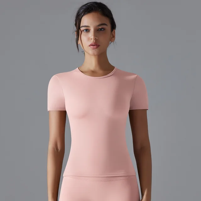 Women's Solid Color Breathable Brushed Yoga Short Sleeve Light Pink - Shop at LoveMi