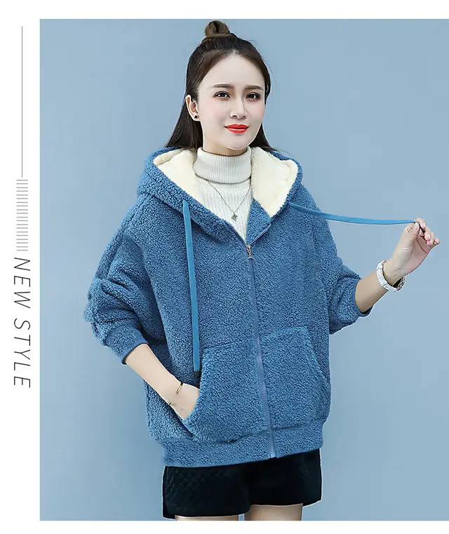 Faux Cashmere Brushed Hoody Women's Loose Blue - Shop at LoveMi