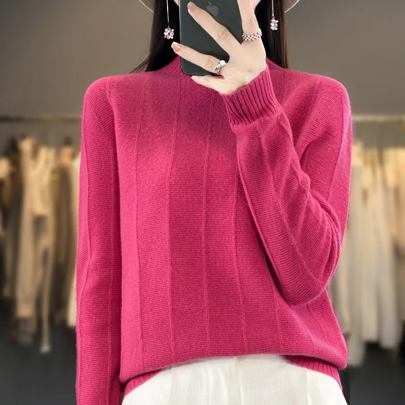 Women's Pullover Half Turtleneck Solid Color Knitted Comfortable Warm Sweater - Raspberry Color