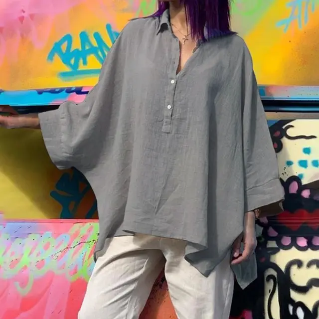 Batwing Clothes Loose Cotton And Linen Tops Gray - Shop at LoveMi